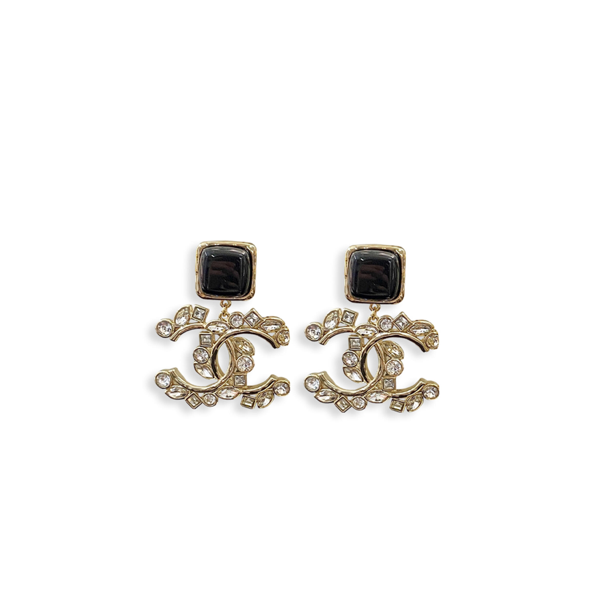 CHANEL 23P PENDANT GOLD CRYSTAL BLACK CC LOGO XL STATEMENT STUD DROP EARRINGS 